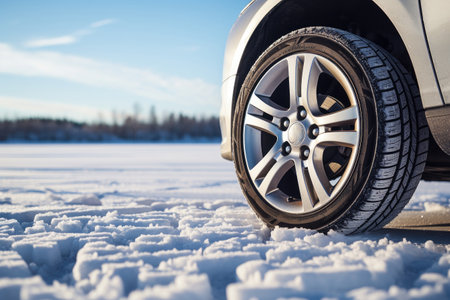 Winter tires on the street in the snow.の素材
