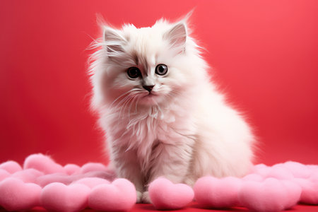 White fluffy cat on a pink background.の素材