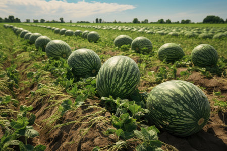 Harvest of watermelons lying on the fieldの素材