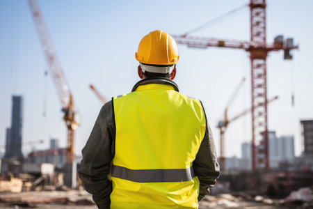 Builder on the background of a house with cranesの素材