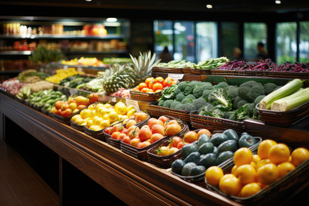 Fruit market with various colorful fresh fruits and vegetablesの素材