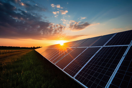Solar cell panels with a sky backgroundの素材