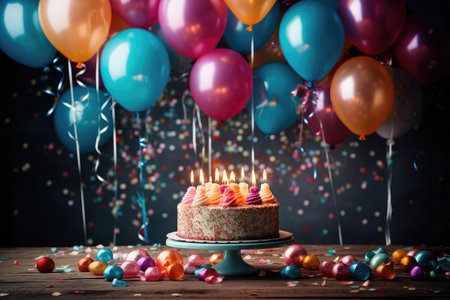 Birthday cake with candles on balloons backgroundの素材