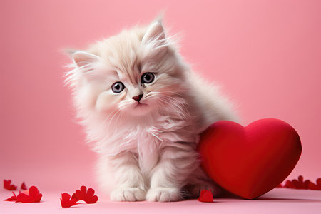 Cute black white kitten near red heart as symbol of love gift Valentines Dayの素材