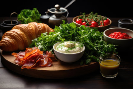Plate with assortment of tasty deli meats and cheese on black backgroundの素材