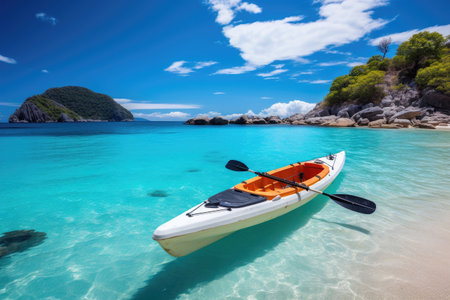 Kayak on the tropical white sand beach with transparent sea on sunny dayの素材