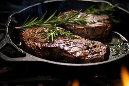 Cooking steak in a frying pan with butter.の素材