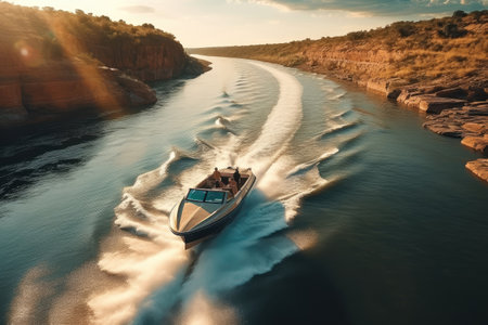 Landscape of banks of the river, speed boat on the river, summer dayの素材