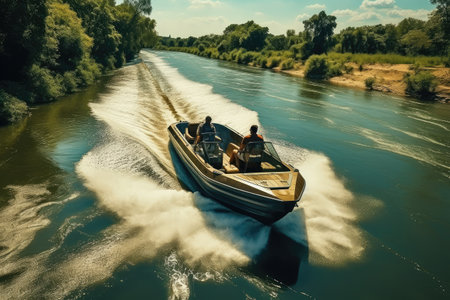 Landscape of banks of the river, speed boat on the river, summer dayの素材