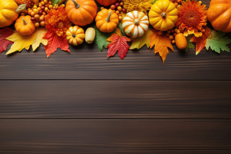 Autumn background decoration from dry leaves and pumpkin on dark wooden backgroundの素材