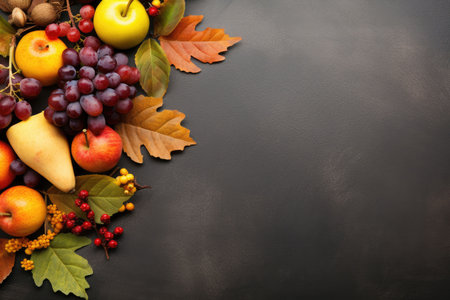 Autumn background decoration from dry leaves and pumpkin on dark wooden backgroundの素材