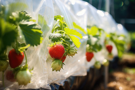 Organic strawberry plant growing in greenhouseの素材