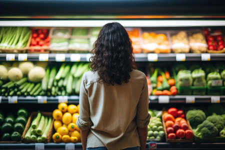 A young woman chooses fresh fruits or vegetables in a supermarketの素材