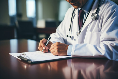 Hands of general practitioner filling paper medical recordsの素材