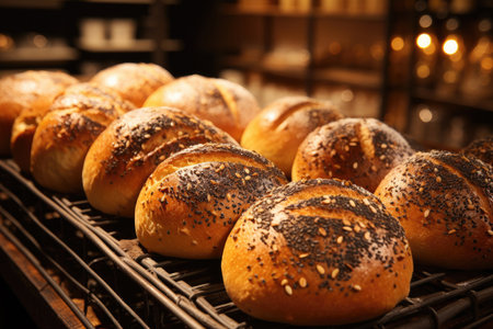 Artisanal bread loafs in cooling rack at bakeryの素材