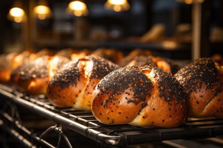 Artisanal bread loafs in cooling rack at bakeryの素材