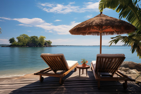 Two empty deck chairs on beachの素材