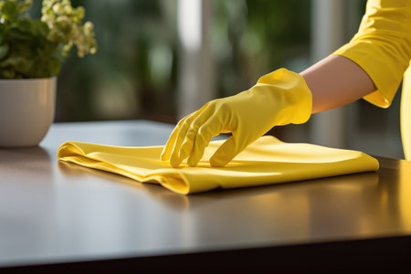 Cleaning the kitchen with a sponge, hands in yellow protective rubber gloves wash the kitchenの素材