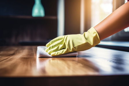 Cleaning the kitchen with a sponge, hands in yellow protective rubber gloves wash the kitchenの素材