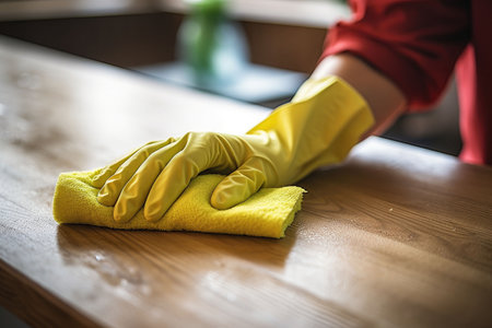 Cleaning the kitchen with a sponge, hands in yellow protective rubber gloves wash the kitchenの素材