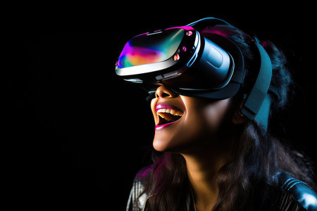 Creative engineer working with virtual reality, young woman testing VR glassesの素材