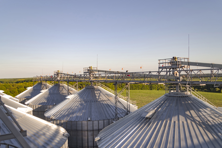 Grain storage tanks from top on sunset. Agricultural silos on blue sky.の写真素材