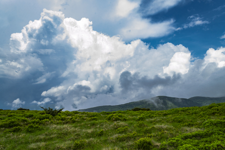 Mountainpeakll with green grass and blue sky. Fantastic shotの写真素材