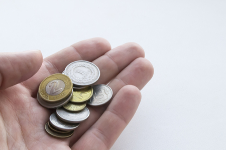 Polish zloty coins in hand on white background. Isolatedの写真素材