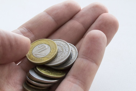 Polish zloty coins in man hand on white background. Isolatedの写真素材