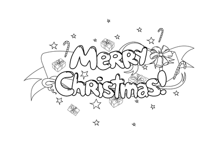 Merry Christmas. Hand drawned vector illustration. Black and white line artのイラスト素材
