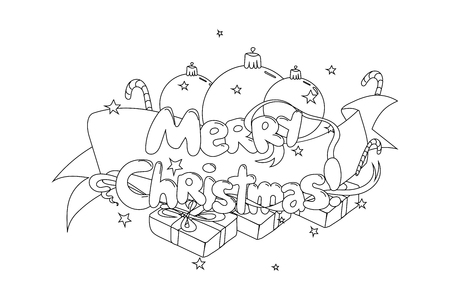 Merry Christmas. Hand drawned vector illustration. Black and white line artのイラスト素材