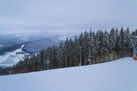 BUKOVEL, UKRAINE - DECEMBER 26, 2018  Bukovel ski resort, Ukraine. View from the top of mountainのeditorial素材