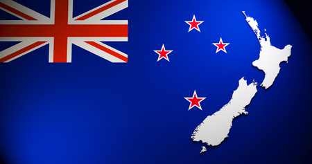 Extruded map of New Zealan  on national flag background. Creative 3d renderの写真素材