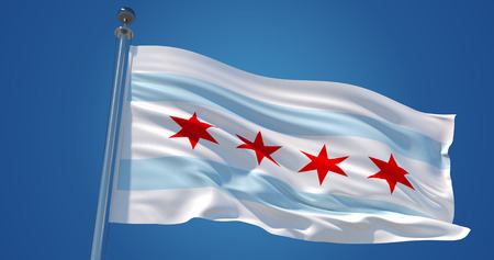 Fluttering silk flag of Chicago city, Illinois, United States of America. Chicago official flag in the wind against clear blue sky. 3d renderの写真素材