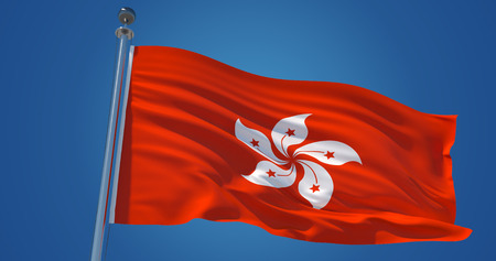 Fluttering silk flag of Hong Kong, China. Hong Kong official flag in the wind against clear blue sky. 3d renderの写真素材