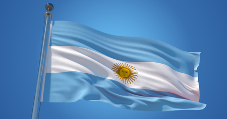 Fluttering silk flag of Argentina. Argentinian official flag in the wind against clear blue sky. 3d renderの写真素材