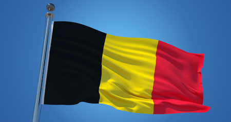 Fluttering silk flag of Belgium. Belgian official flag in the wind against clear blue sky. 3d renderの写真素材