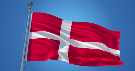 Fluttering silk flag of Denmark. Danish official flag in the wind against clear blue sky. 3d renderの写真素材