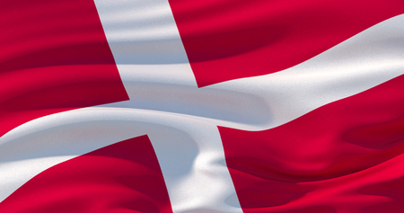 Fluttering silk flag of Denmark in the wind, colorful background.の写真素材