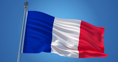 Fluttering silk flag of France. French official flag in the wind against clear blue sky. 3d renderの写真素材
