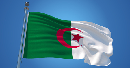 Fluttering silk flag of Algeria. Algeria official flag in the wind against clear blue sky. 3d renderの写真素材