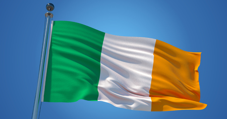 Fluttering silk flag of Ireland . Irish official flag in the wind against clear blue sky. 3d renderの写真素材