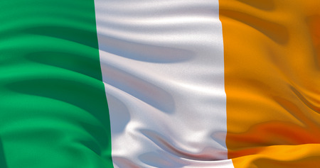 Fluttering silk flag of Ireland in the wind, colorful background. 3d illustration. 4K High quality renderの写真素材