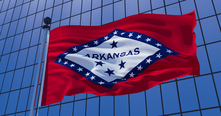 Arkansas state flag on skyscraper building background. 3d illustrationの写真素材