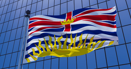 British Columbia, Canada flag on skyscraper building background. 3d illustrationの写真素材