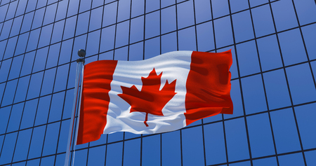 Canadian flag on skyscraper building background. Canada, Ottawa. 3d illustrationの写真素材