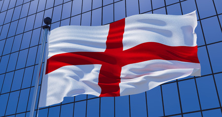 England flag on skyscraper building background. 3d illustrationの写真素材