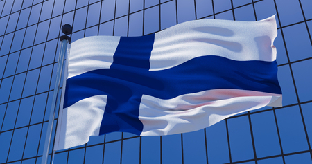 Finland flag on skyscraper building background. 3d illustrationの写真素材