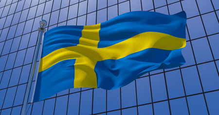 Sweden  flag on skyscraper building background. 3d illustrationの写真素材