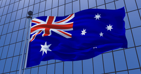 Flag of Australia on skyscraper building background. Business concept. 3d illustrationの写真素材